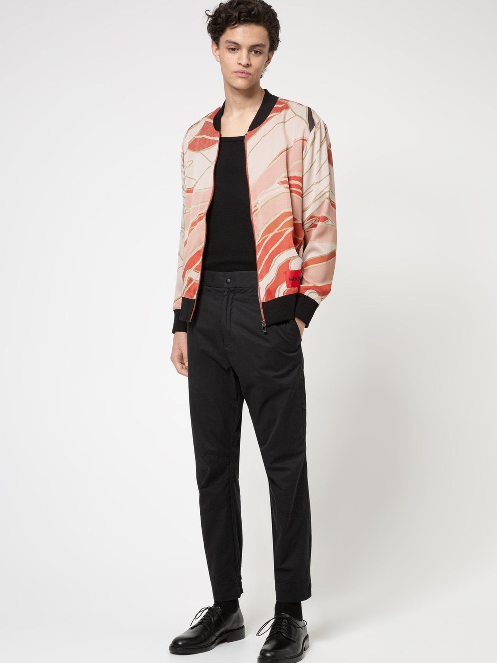 HUGO Bomber Jacket Japanese Abstract Art Jacket Black Rib